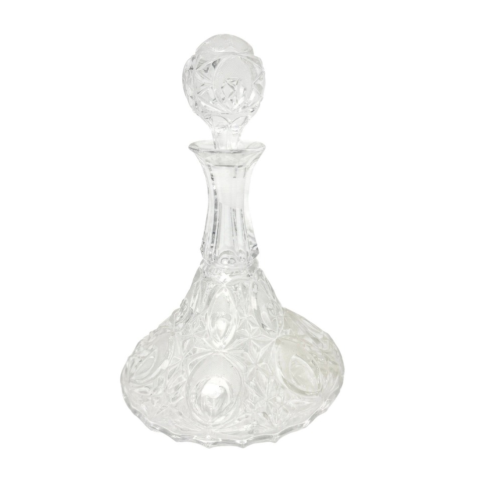 Vintage Cut‎ Crystal Ships Decanter Wide Base with Stopper Clear Heavy